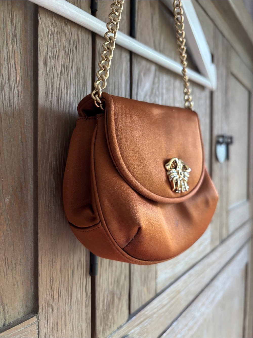 Judith Leiber Satin Mini Bag with Gold Chain - Copper Brown - Picture 5 of 7